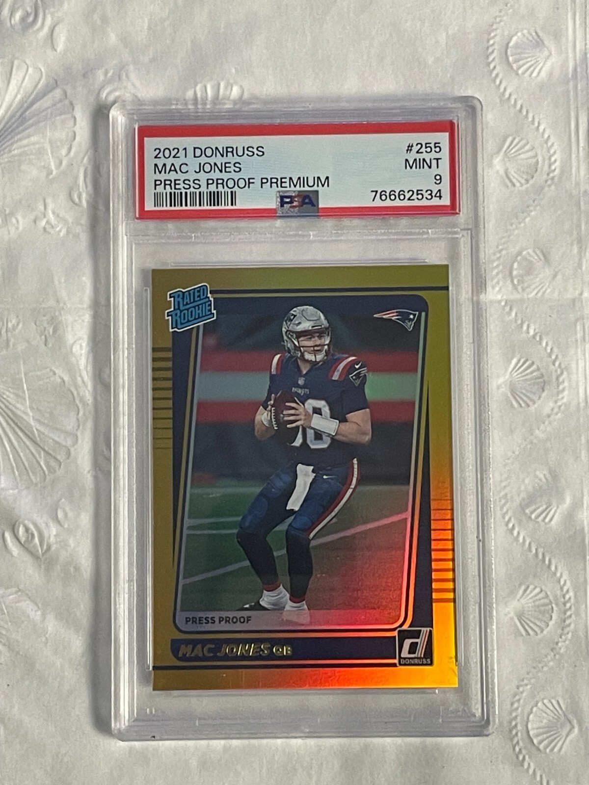 2021 Panini Donruss MAC JONES PRESS PROOF PREMIUM GOLD PATRIOTS RC #255 PSA 9
