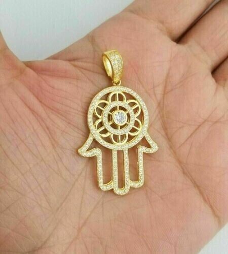 2Ct Round Cut Lab Created Diamond Hamsa For Gift Pendant 14k Yellow Gold Plated - Picture 2 of 8