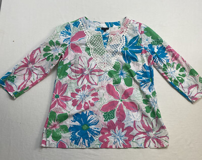 Talbots Women's Size M Floral Print Tunic Top Blouse Lace Trim