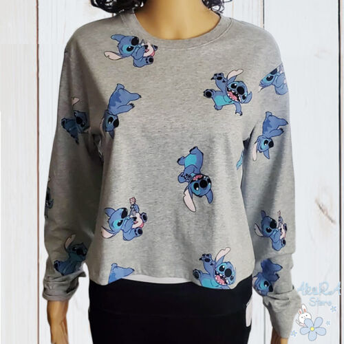 NWT STITCH CUTE ALL OVER WOMEN'S LIGHT GRAY CREW NECK LONG SLEEVE T-SHIRT