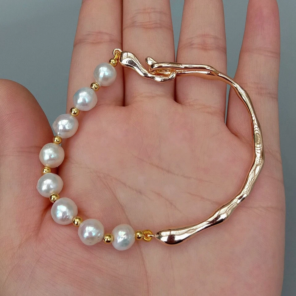 Brazalete Brazalete Perla Blanca Cultivada Perla Natural Chapado en Oro Foto 4 de 4