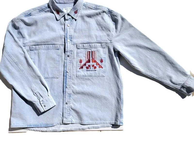 DENIM JACKET MEN WITH HANDMADE TRADTIONAL PLAESTINIAN EMBROIDERY AND FALG