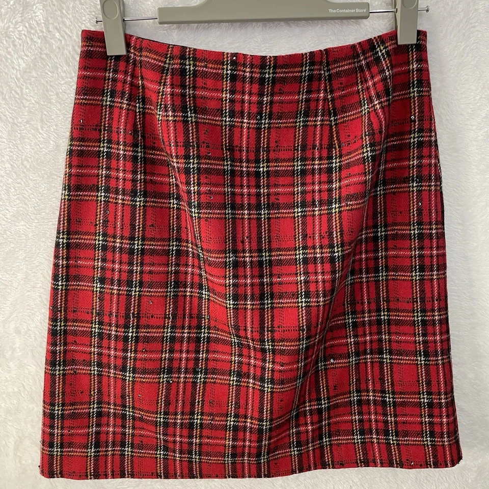 Falda lápiz recta Talbots Petite roja tartán lentejuelas mezcla de lana a cuadros, talla 4P Foto 4 de 4
