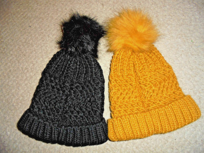lot of 2 West Loop Women's Beanie With Pom-Pom Knit Winter Hat black gray yellow