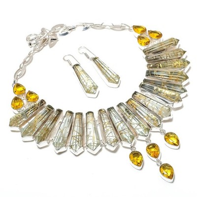Goldene Rutil Citrin Edelstein Halskette + Ohrring Halloween Geschenk Handarb...