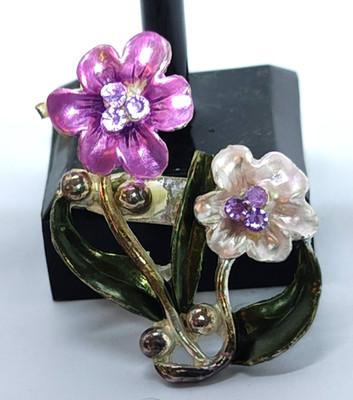 Vintage Emaille Blumen Brosche rosa weiß floral Strass goldfarben Anstecknadel