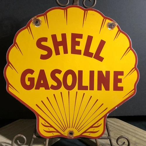 VINTAGE SHELL GASOLINE 11.75” PORCELAIN GAS OIL SIGN CLAM
