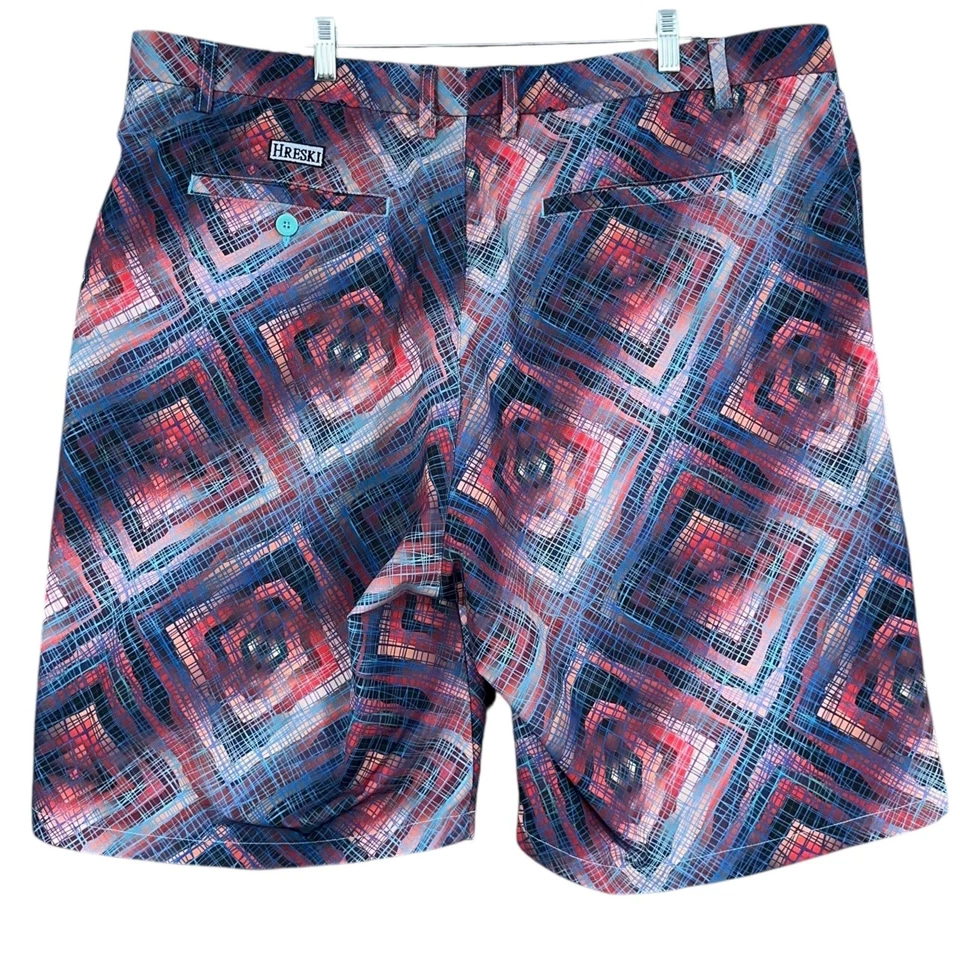 Hreski Mens Diamond Pattern Golf Shorts 46 Red Blue Geometric Casual - Image 2 of 4
