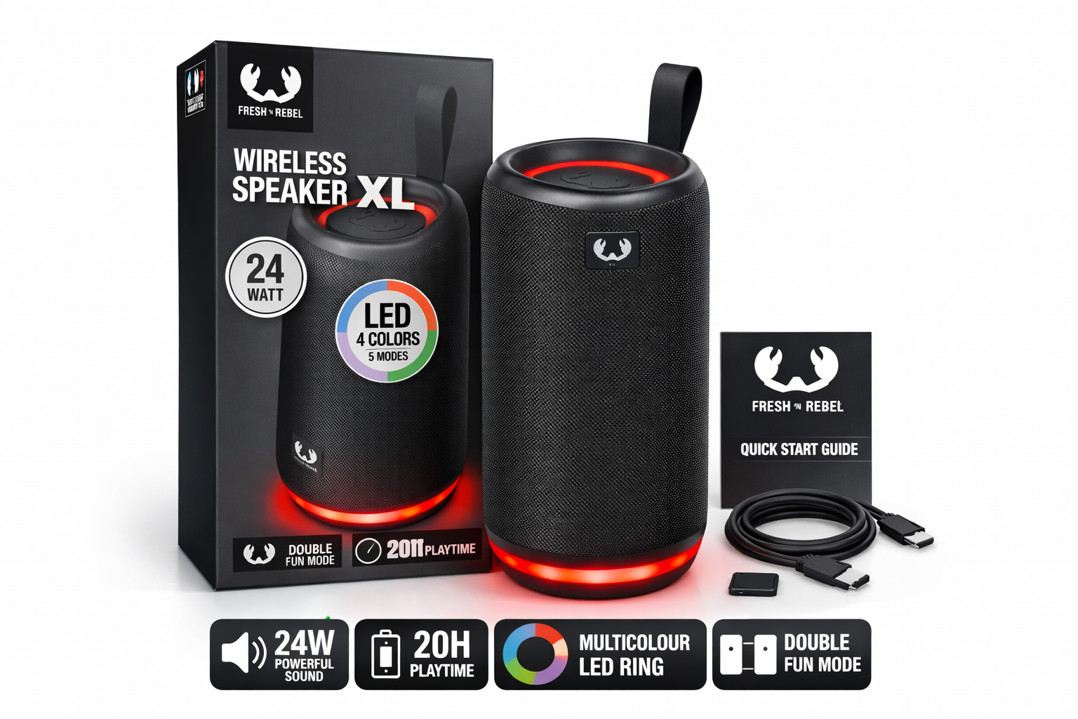 Fresh 'n Rebel Wireless Speaker XL Bluetooth 24W LED Ring 20H Playtime Black