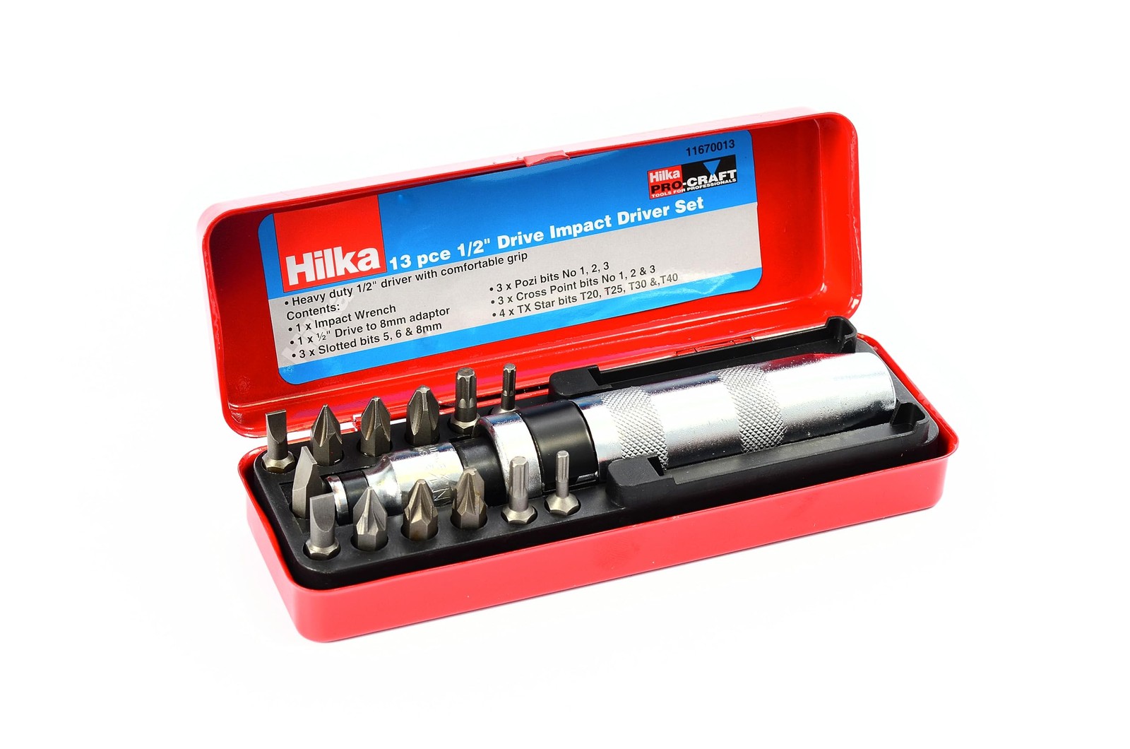 Hilka Heavy Duty 1/2"" Dr Hand Impact Screw Driver 13 Impact Screwdriver Bits - Image 7