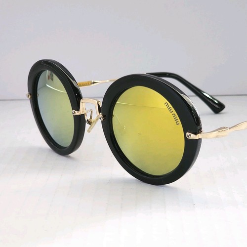 Miu Miu Sunglasses SMU 13N Black Gold Round Yellow Mirrored Lenses Retro Chic