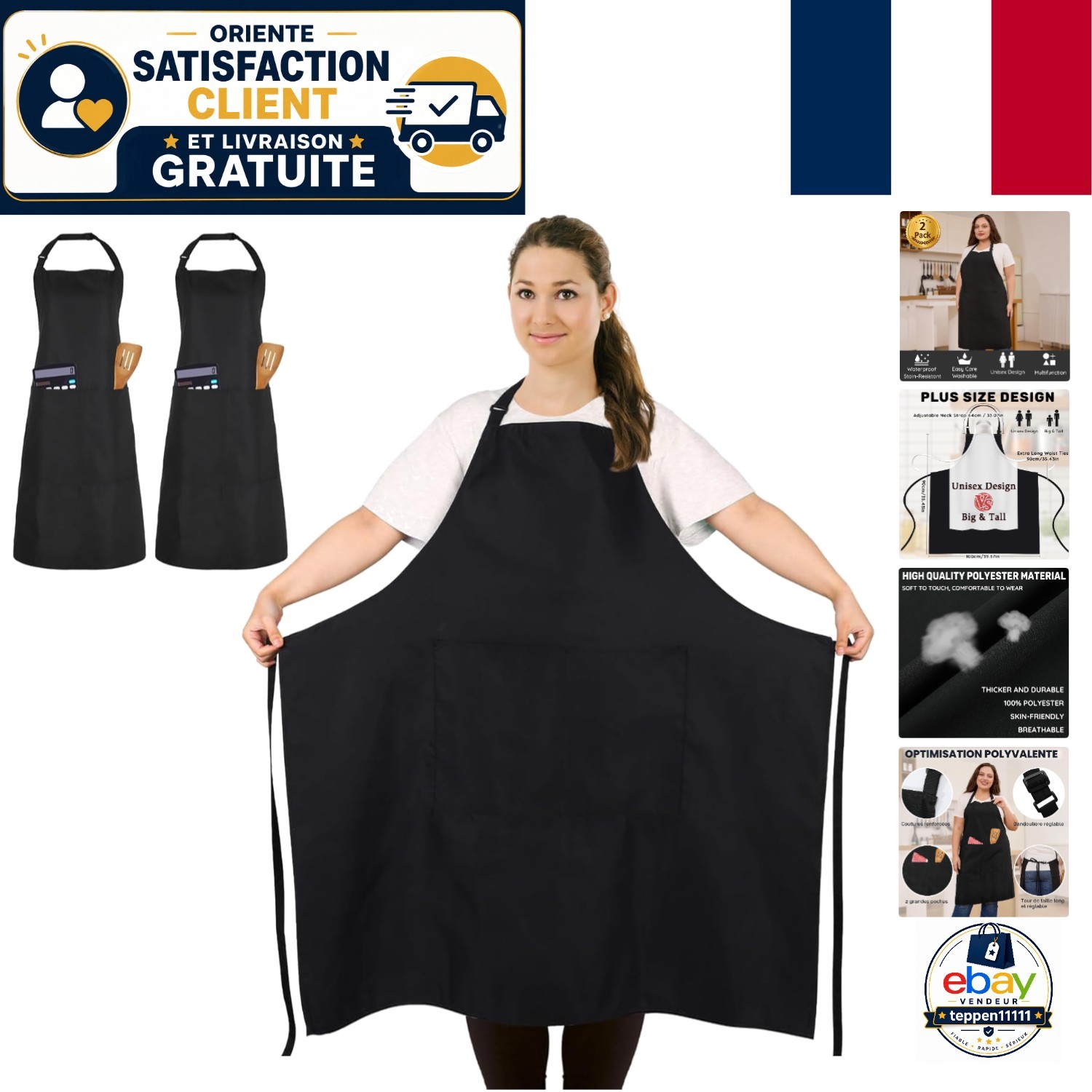 Tablier professionnel noir anti-taches XXL avec sangles confort contre le mal de cou