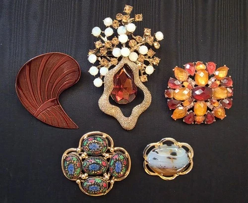 Vintage Costume Jewelry Warm Gold/Copper Tone Brooch Assorted Mixed Lot of 5