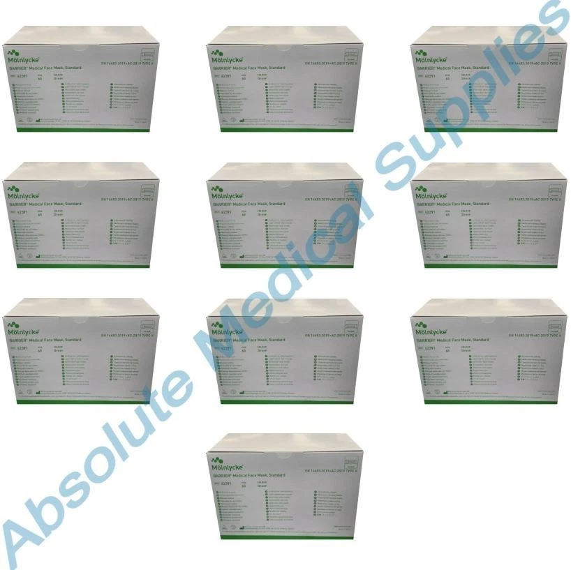 *600-Pieces* Molnlycke Barrier Medical Face Mask Standard Green Type 2 II 42391