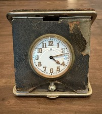 Vintage 1900s Omega Art Deco Travel Clock In Leather Case Runs Car Clock 