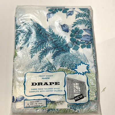Plastic Drapes 3 Piece Mid West Marko Mid Century Curtains White + Blue Foliage