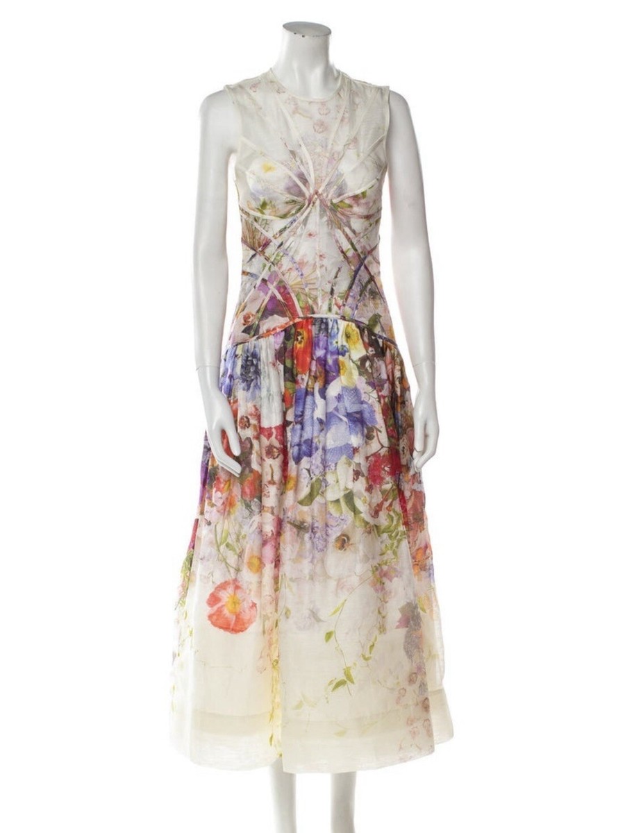 NWT $2,100 Zimmermann Prima Panelled Silk Linen Organza Floral Midi Dress  AU0 XS | eBay