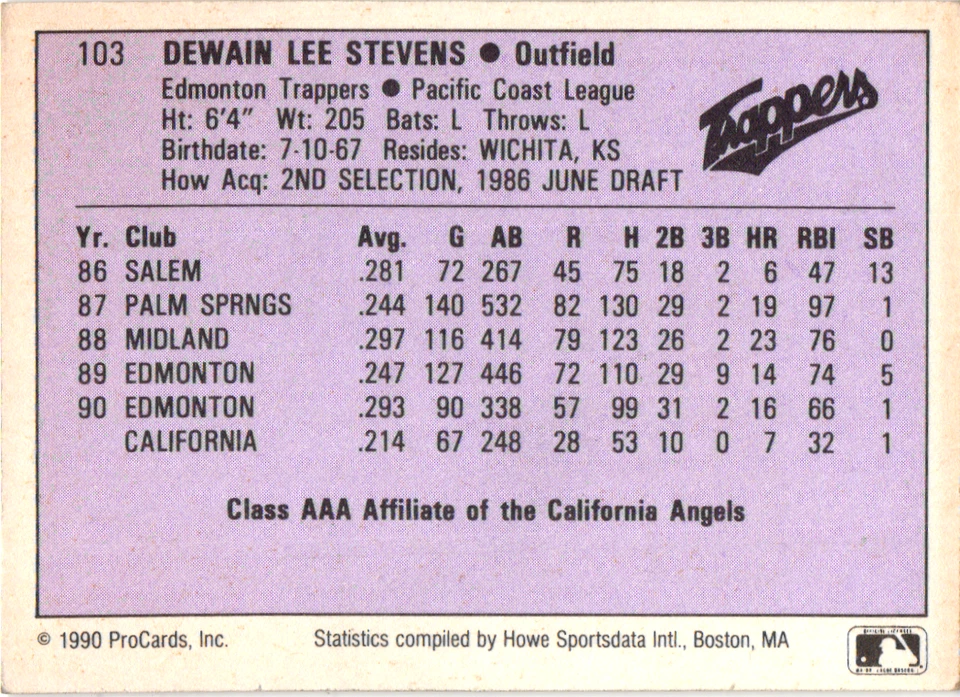 1991 ProCards Minor League - #103 Lee Stevens  Edmonton Trappers Signed - Image 2 of 2
