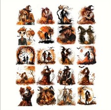 10pcs Spooky Couples Haunted Halloween Stickers- Skeleton, Witch- DIY Crafts