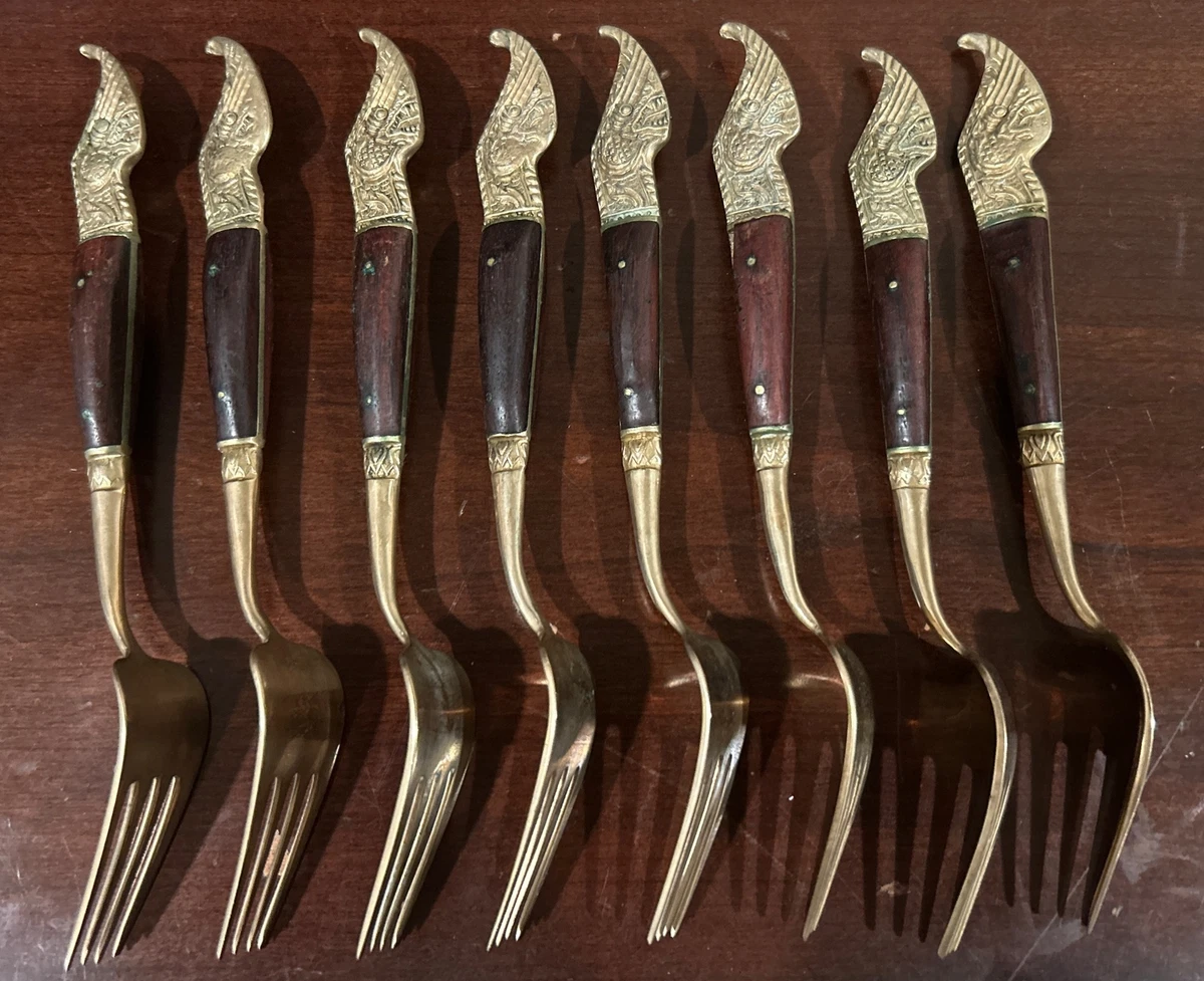 Vintage Brass and Wood Flatware Thailand Dragon Tip 8 Forks