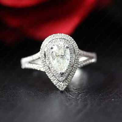 2.28Ctw 11x7mm Pear Moissanite Double Halo Engagement Ring 14K White Gold Plated