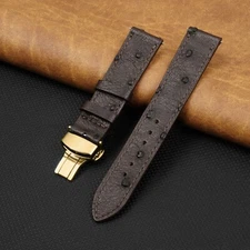 21mm Dark Brown Ostrich Watch Band Flat Real Leather Gold Deployment Buckle Gift