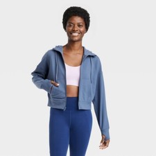 Women's Ribbed Fleece Cropped Hooded Sweatshirt - All in Motion Navy Blue XXL