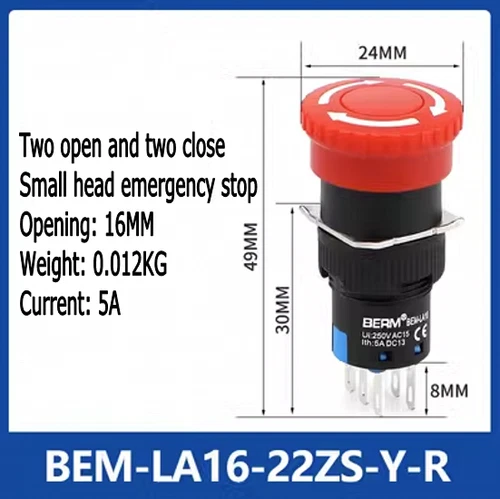 LA16 Red Mushroom Cap Emergency Stop Push Button Switch Hole 16mm 3Pin/6Pin 5A - Picture 13 of 14