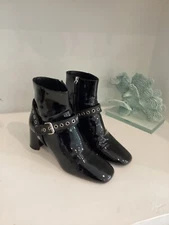 $920 MIU MIU Eyelet Embellished Patent Leather Ankle Boots Black Size 37.5 7