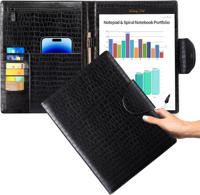 Portfolio Folder Padfolio with Gold Button - Crocodile Leather Portfolio with Ta