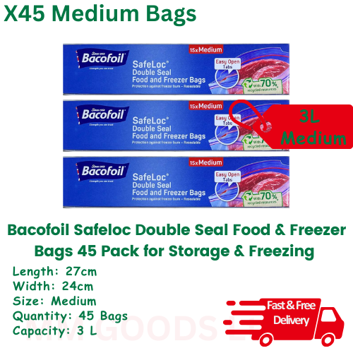 Bacofoil Safeloc Double Seal 45x Medium Food & Freezer Storage Bags 27cm x 24cm