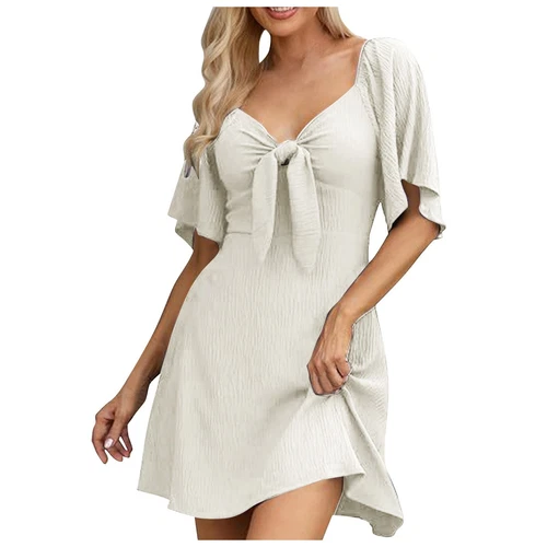 Women's Dresses Deep V Neck Elegant Bow tie Short Sleeves Swing Loose Mini Dress - Picture 1 of 11