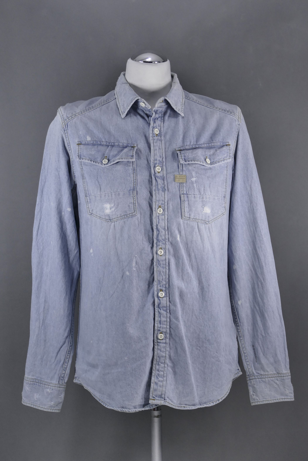 GStar Men's Jeans Shirt L Blue Uni Long Sleeve Kent Collar Denim B1656