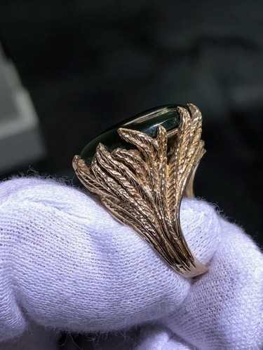 14k Solido Oro Giallo Giada Verde Vintage Halo Mano Fatto Design Anello Sigillo - Foto 11 di 12
