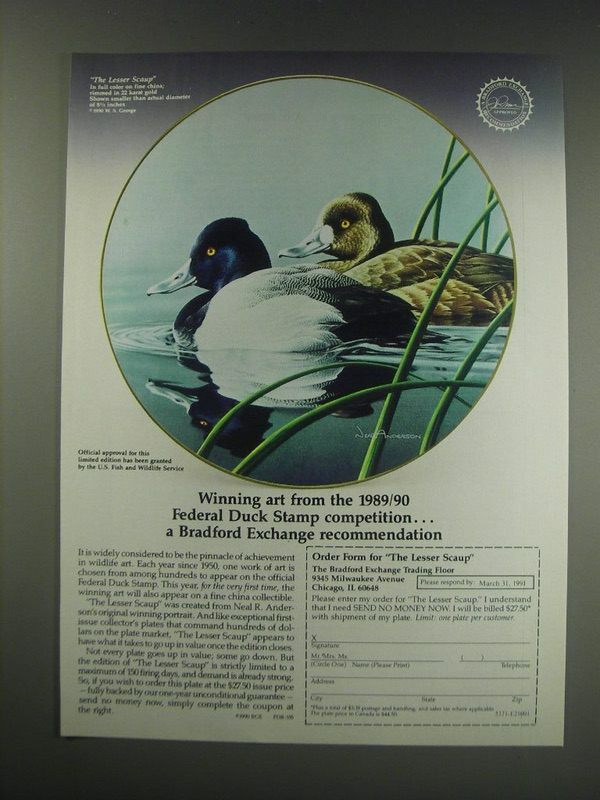 1991 Bradford Exchange Lesser Scaup Duck Plate Ad with Award-Winning Art