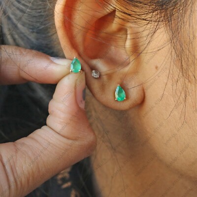 Emerald Solitaire Stud Earrings,14k Yellow Gold  Gift For Her Bridle Handmade  
