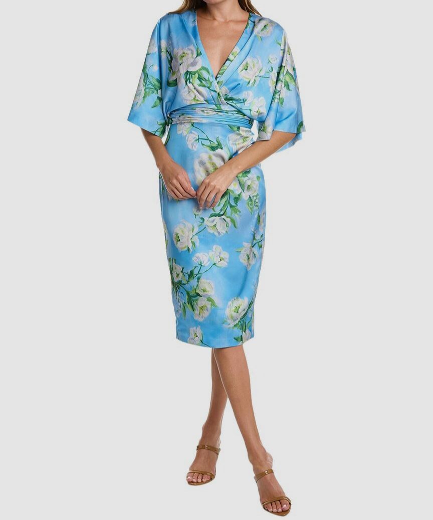 $645 Theia Women's Blue Floral Kimono Sleeve Liana Sheath Dress Size