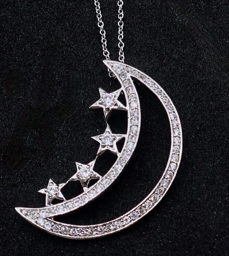 Sparkling Crystal Sterling Silver Crescent Moon Stars Pendant 16" - 18" Necklace
