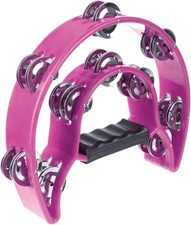 Half Moon Musical Tambourine Double Row Metal Jingles Hand Held Pink