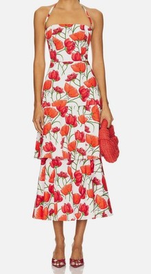 Milly Women's White Red Floral Printed Nia Peony A-Line Midi Dress Size 10