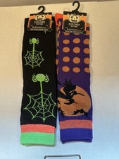 Halloween Knee Highs Socks Women's Size 5-9 Lot Of 2 Witch Spider Black Orange