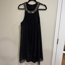 Vince Camuto Womens Black Jeweled Neck Cocktail Dress Draped Chiffon Size 14