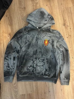 Balenciaga Gray/Black Graphic Logo Full Zip Hooded Oversized Hoodie Pockets L