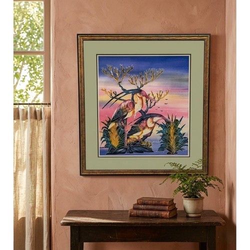 Vintage Indonesian Batik Painting Birds Crane Heron Framed Signed Textile Art