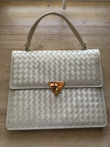 Bottega Veneta Rare Vintage Intrecciato Top Handle Kelly Handbag Off White