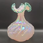 George Fenton Signed Opalescent Iridescent Pink & Green Ruffled Crest Swan Vase