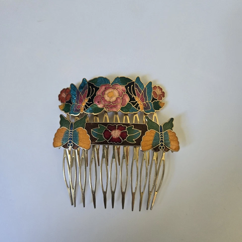 Juego de 2 peines de pelo vintage cloisonné esmalte colorido floral mariposa Foto 4 de 4