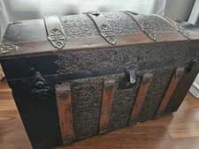 Antique Victorian Steamer Trunk Dome Top With Embossed Tin.