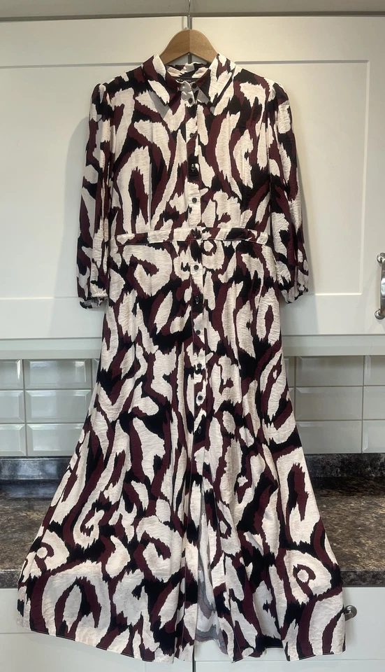 New Look Burgundy/Cream/Black Abstract Collared Belted Midi Dress Size 14 - Image 4 of 4