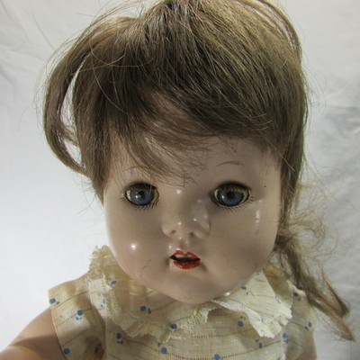 Haunted Vintage Composition Baby Doll Sleep Eyes Blue Dress Mohair Wig Crazing